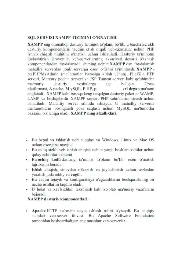 SQL SERVISI XAMPP TIZIMINI O’RNATISH