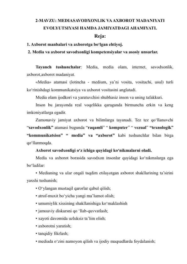 Mahsulot nomi: MAHALLIY MEDIA VA AXBOROT SAVODXONLIGI