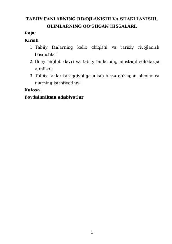 Tabiiy Fanlarning Rivojlanishi va Shakllanishi