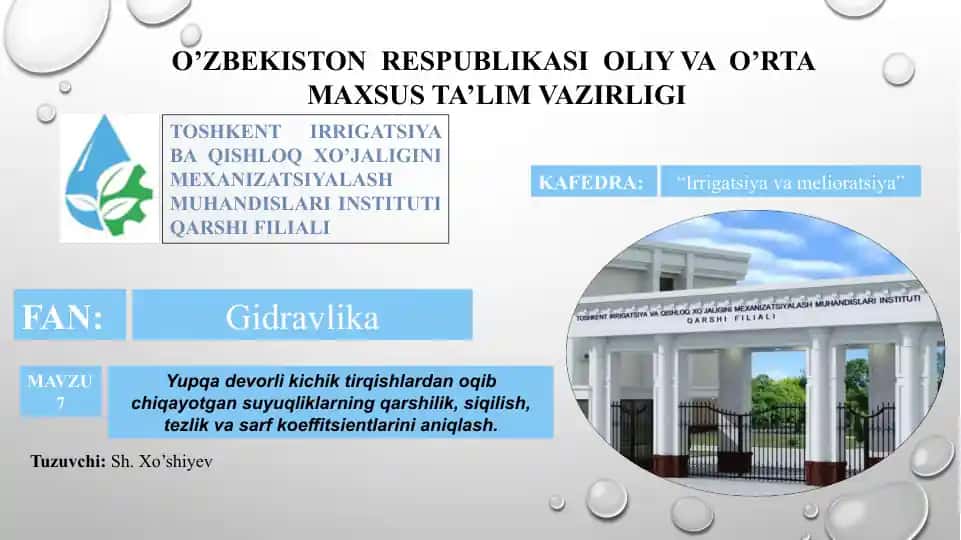 Yupqa devorli kichik tirqishlardan oqib chiqayotgan suyuqliklarning qarshilik, siqilish, tezlik va sarf koeffitsientlarini aniqlash