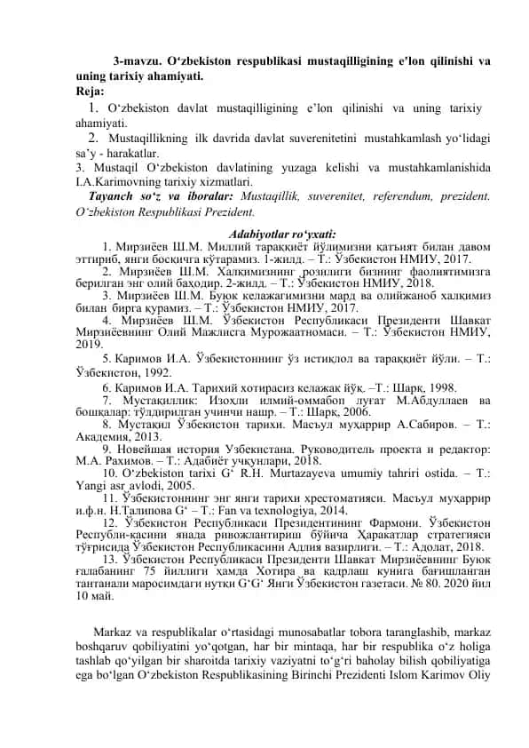 O‘zbekiston respublikasi mustaqilligining eʼlon qilinishi va uning tarixiy ahamiyati
