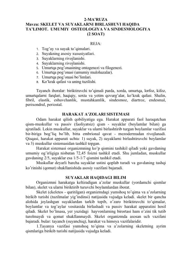SKELET VA SUYAKLARNI BIRLASHUVI HAQIDA TA’LIMOT