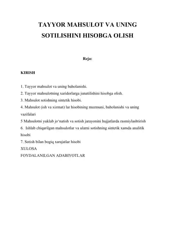 TAYYOR MAHSULOT VA UNING SOTILISHINI HISOBGA OLISH