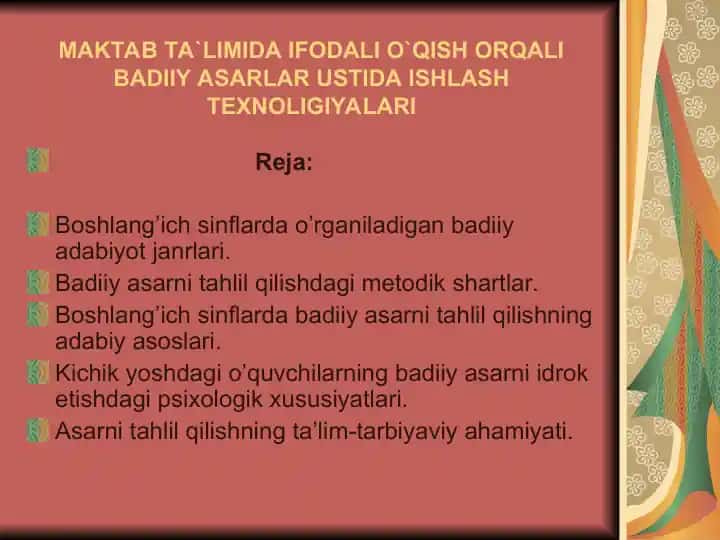 MAKTAB TA`LIMIDA IFODALI O`QISH ORQALI BADIIY ASARLAR USTIDA ISHLASH TEXNOLIGIYALARI