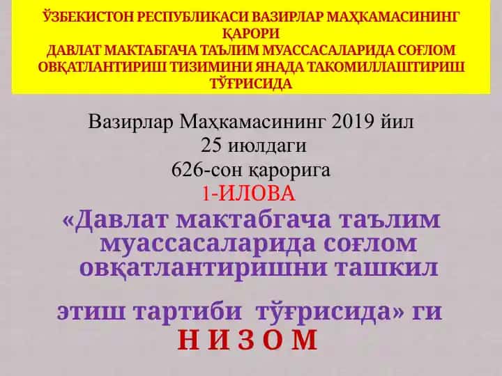 Davlat maktabgacha ta'lim muassasalarida sog'lom ovqatlanishni tashkil etish tartibi haqida Nizom