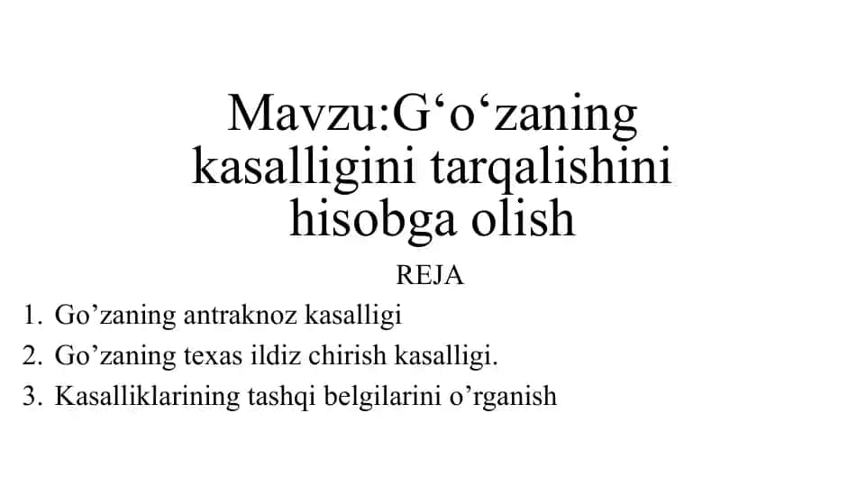 G‘o‘zaning kasalligini tarqalishini hisobga olish