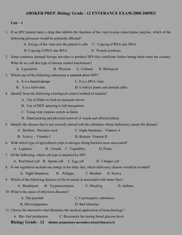 ABOKER PREP. Biology Grade - 12 ENTERANCE EXAM.2000-2009EC