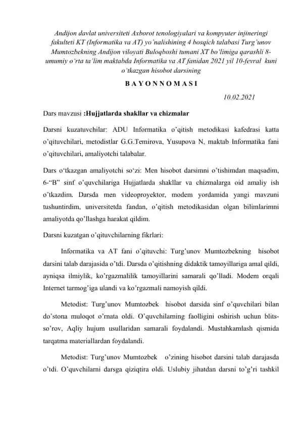 Hujjatlarda shakllar va chizmalar (Hisobot darsi)