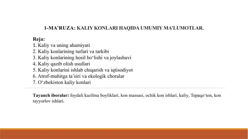 Kaliy Konlari Haqida Umumiy Ma'lumotlar
