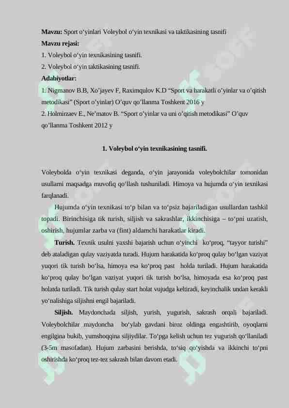 Sport o‘yinlari Voleybol o‘yin texnikasi va taktikasining tasnifi