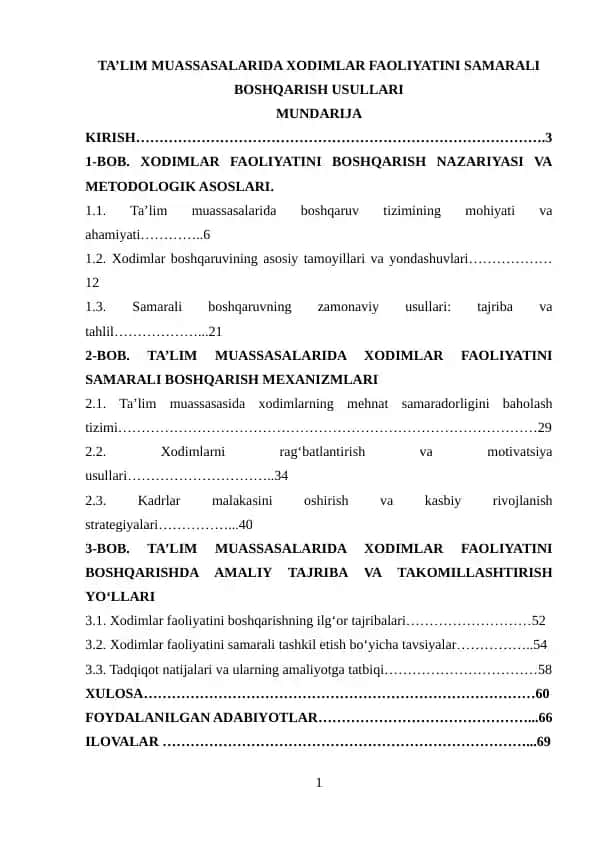 TA’LIM MUASSASALARIDA XODIMLAR FAOLIYATINI SAMARALI BOSHQARISH USULLARI