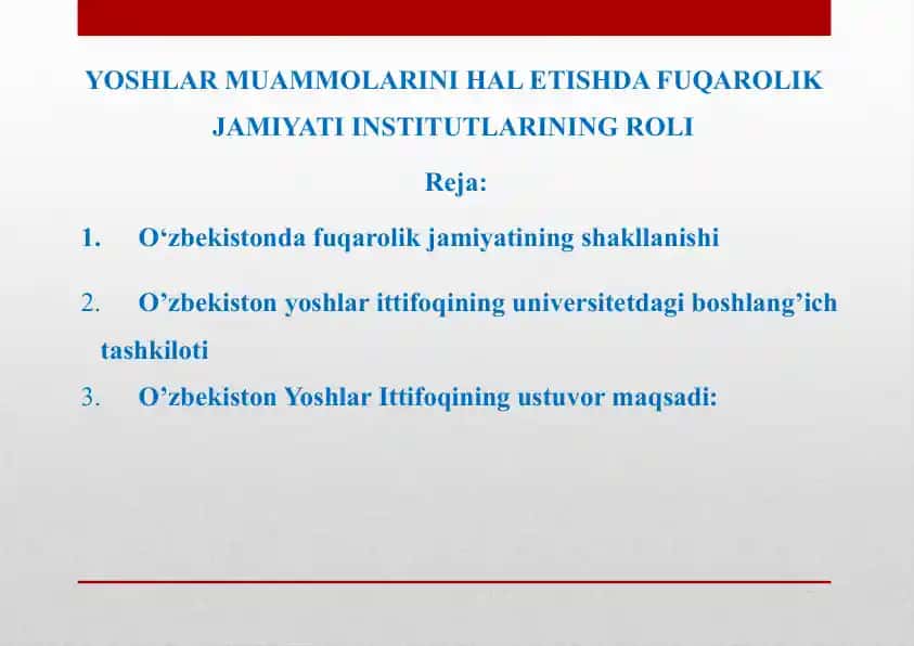 YOshlar muammolarini hal etishda fuqarolik jamiyatining institutlarining roli