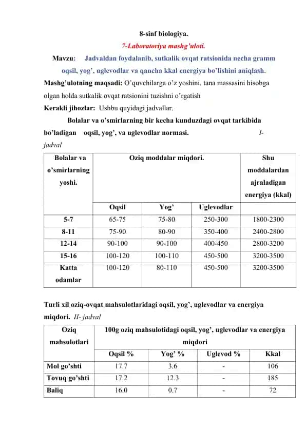 8-sinf biologiya. Laboratoriya mashg’uloti