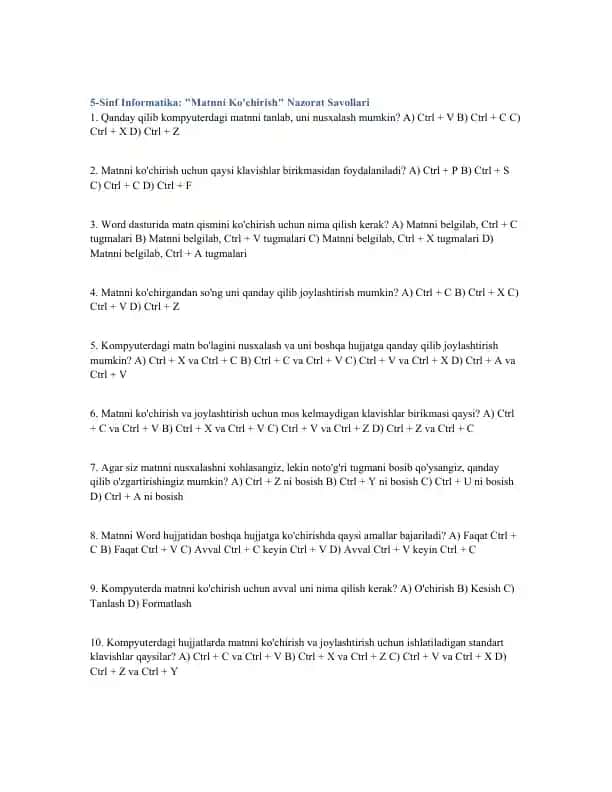5-Sinf Informatika: "Matnni Ko'chirish" Nazorat Savollari