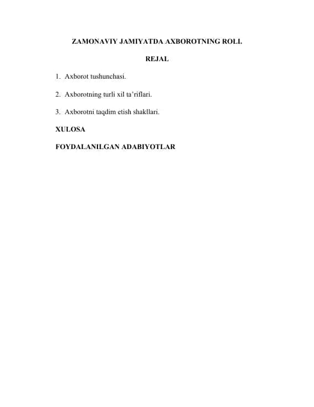 ZAMONAVIY JAMIYATDA AXBOROTNING ROLI