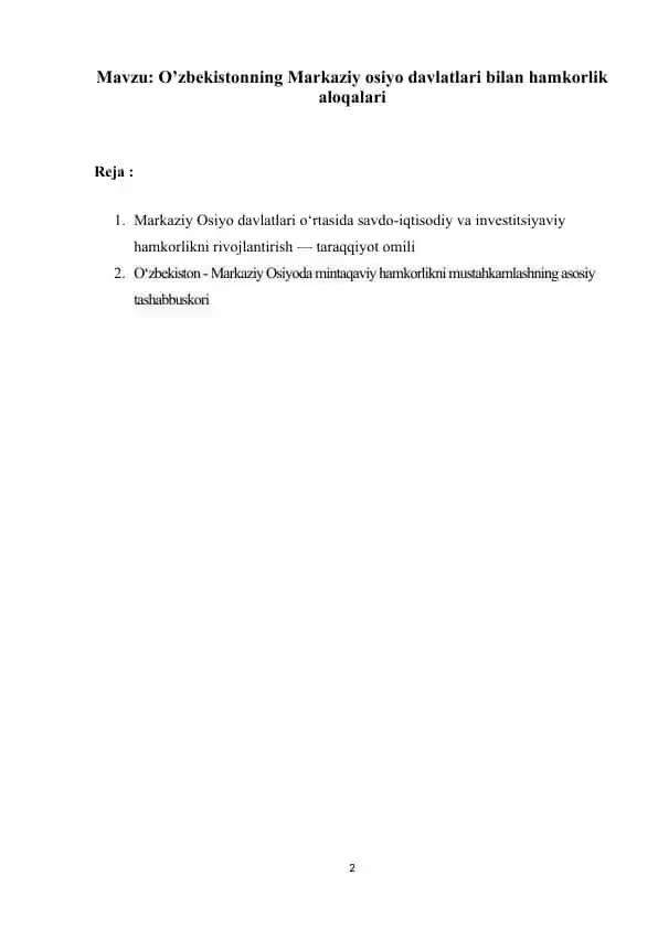 O‘zbekistonning Markaziy osiyo davlatlari bilan hamkorlik aloqalari
