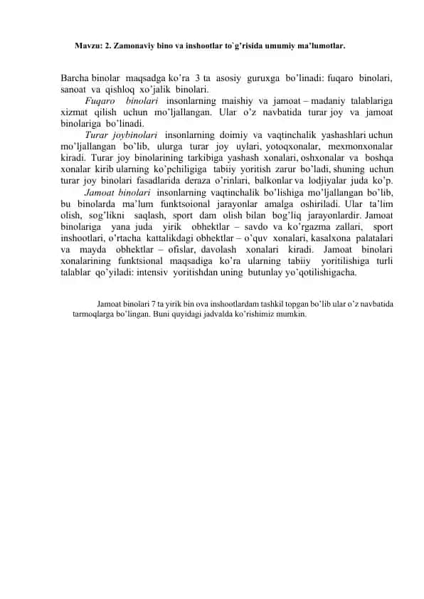 Zamonaviy bino va inshootlar to`g’risida umumiy ma’lumotlar