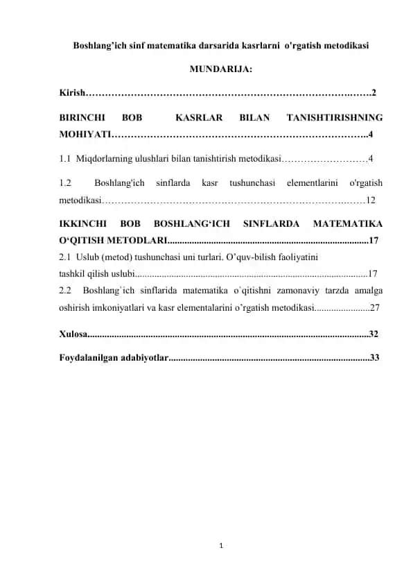 Boshlang’ich sinf matematika darsarida kasrlarni o'rgatish metodikasi