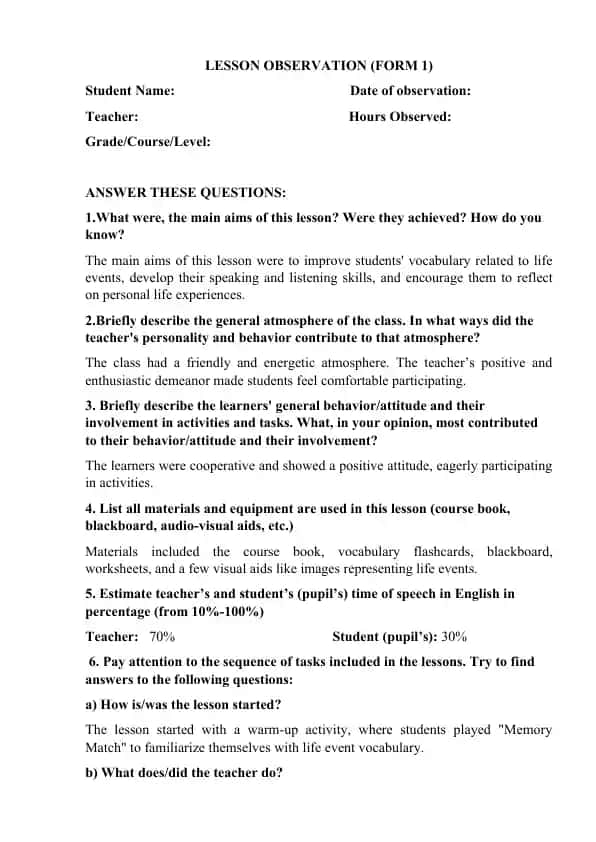 LESSON OBSERVATION (FORM 1)
