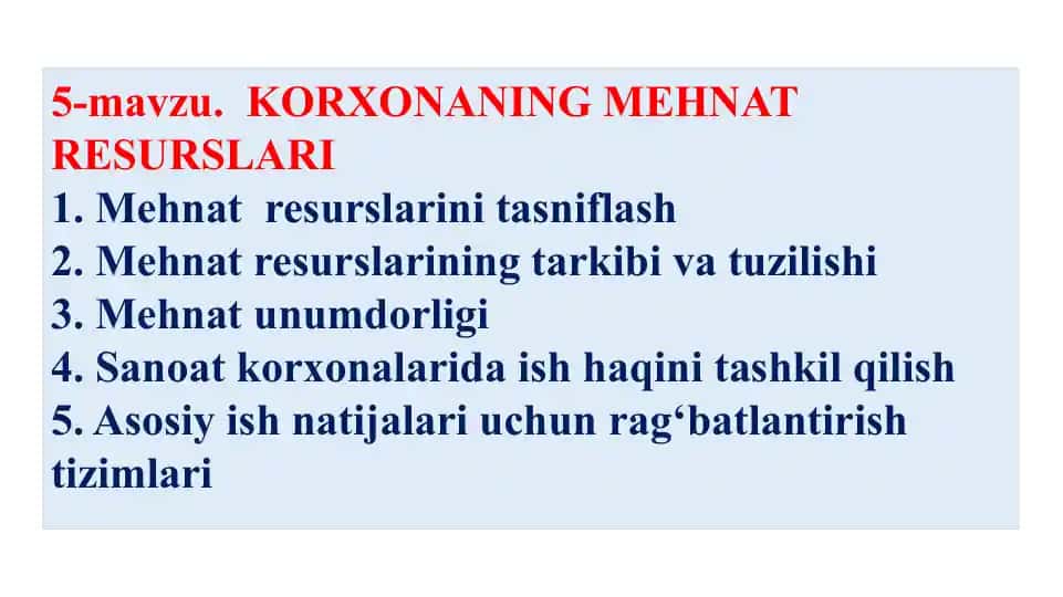 KORXONANING MEHNAT RESURSLARI