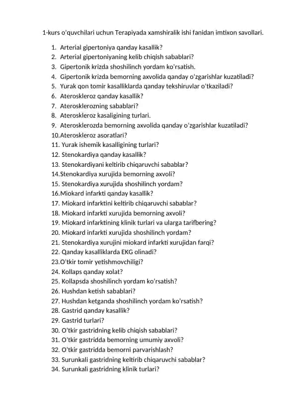 Terapiyada xamshiralik ishi fanidan imtixon savollari