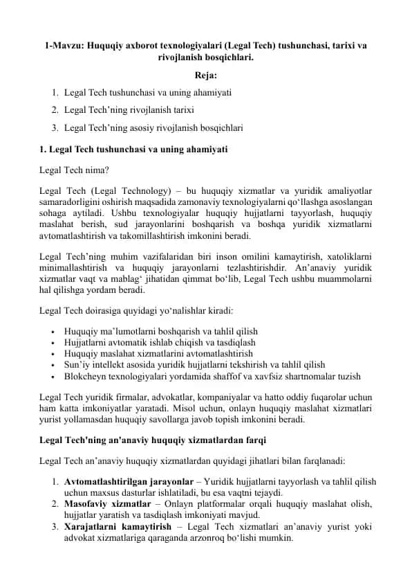 Legal Techning rivojlanishi va ahamiyati