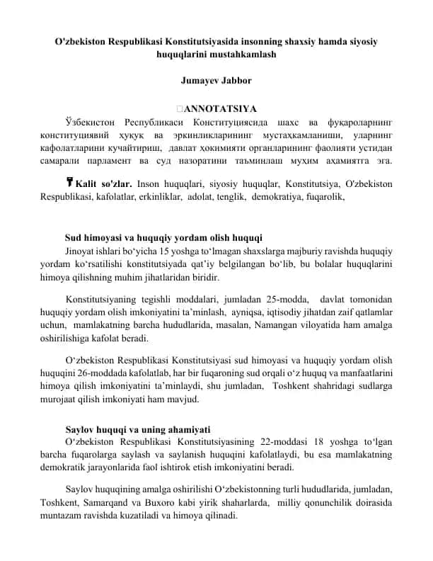 O'zbekiston Respublikasi Konstitutsiyasida insonning shaxsiy hamda siyosiy huquqlarini mustahkamlash