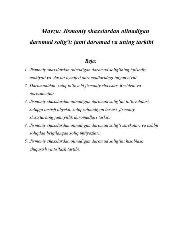 Jismoniy shaxslardan olinadigan daromad solig'i jami daromad va uning tarkibi