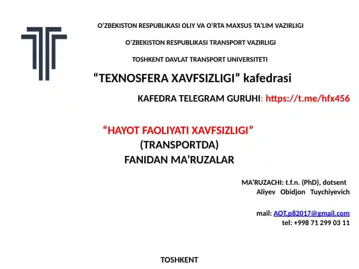 Hayot faoliyati xavfsizligi fanidan ma’ruza kursi