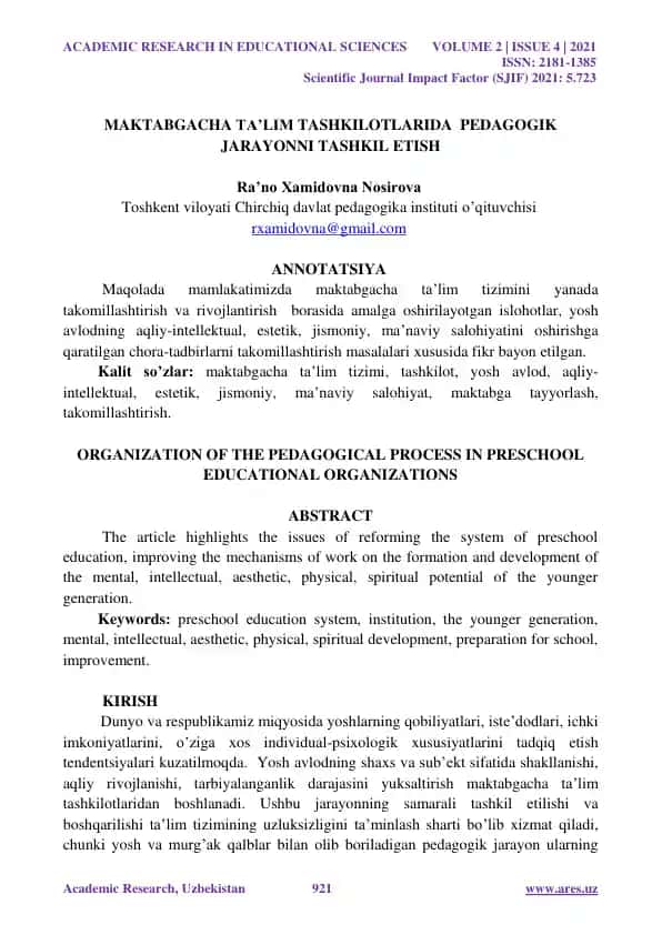 Maktabgacha ta'lim tashkilotlarida pedagogik jarayonni tashkil etish