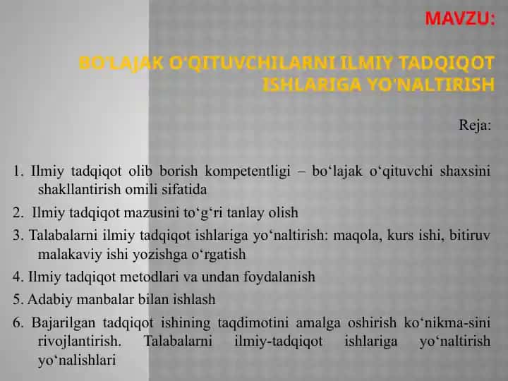 Bo‘lajak o‘qituvchilarni ilmiy tadqiqot ishlariga yo‘naltirish
