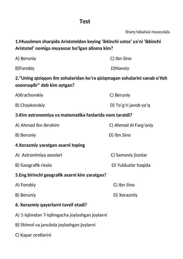 Sharq falsafasi mavzusida test