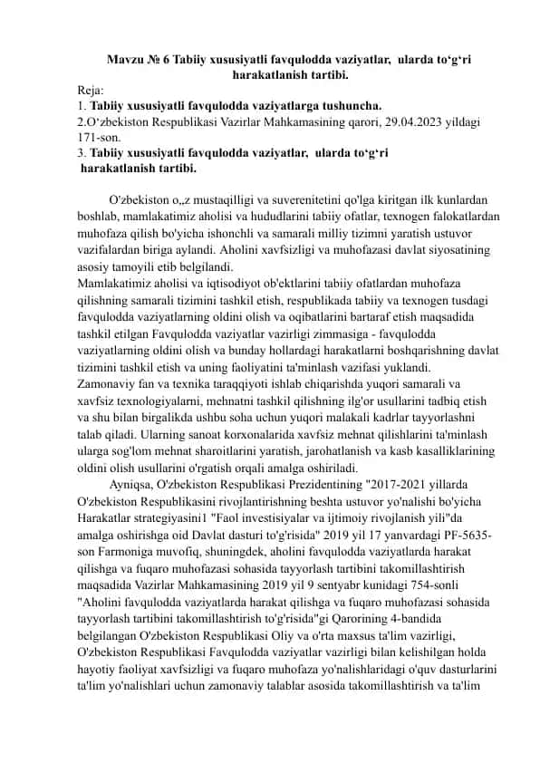 Tabiiy xususiyatlari olan favqulodda vaziyatlar