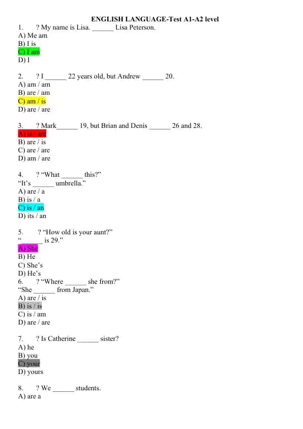 English Language Test A1-A2 level