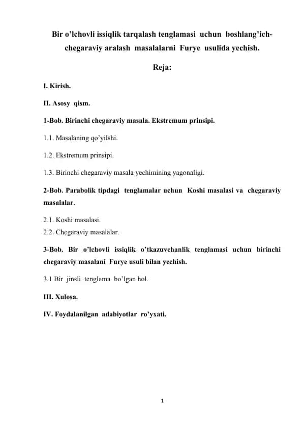Bir o’lchovli issiqlik tarqalish tenglamasi