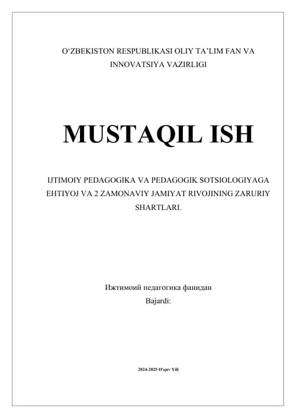 Ijtimoiy Pedagogika va Pedagogik Sotsiologiya haqida Mustaqil Ish