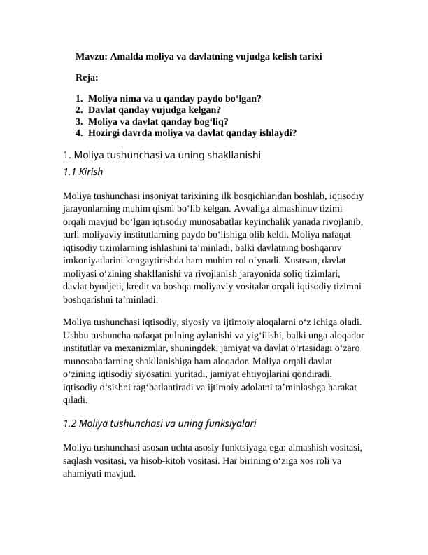 Amalda moliya va davlatning vujudga kelish tarixi