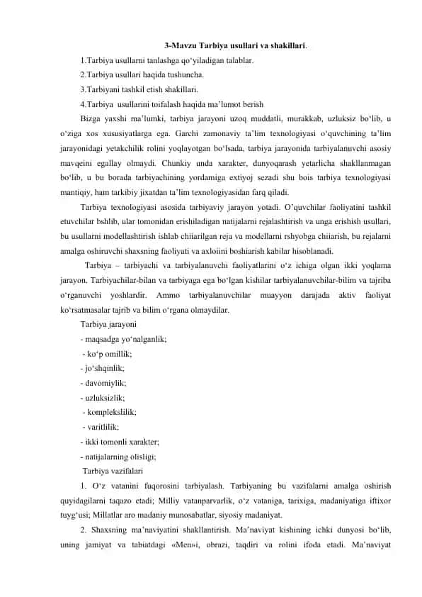 Tarbiya usullari va shakillari
