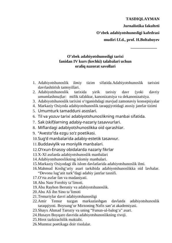 O’zbek adabiyotshunosligi tarixi fanidan IV kurs (kechki) talabalari uchun oraliq nazorat savollari