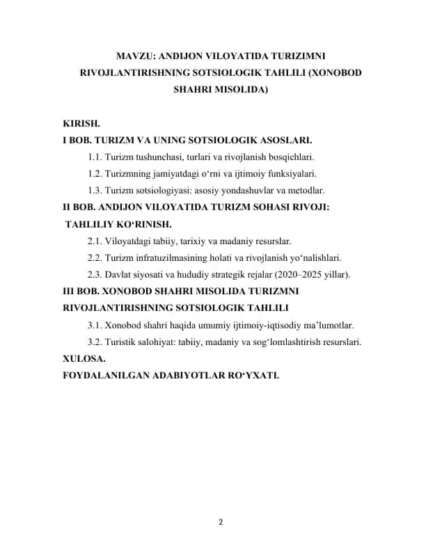 ANDIJON VILOYATIDA TURIZIMNI RIVOJLANTIRISHNING SOTSIOLOGIK TAHLILI (XONOBOD SHAHRI MISOLIDA)