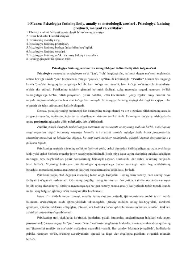 Psixologiya fanining ilmiy, amaliy va metodologik asoslari