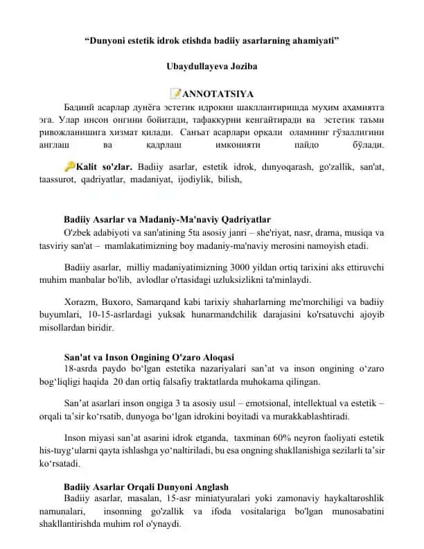 Badiiy Asarlar va Madaniy-Ma'naviy Qadriyatlar