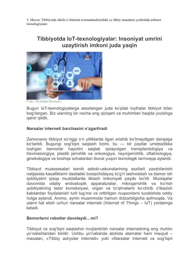 Tibbiyotda IoT-texnologiyalar