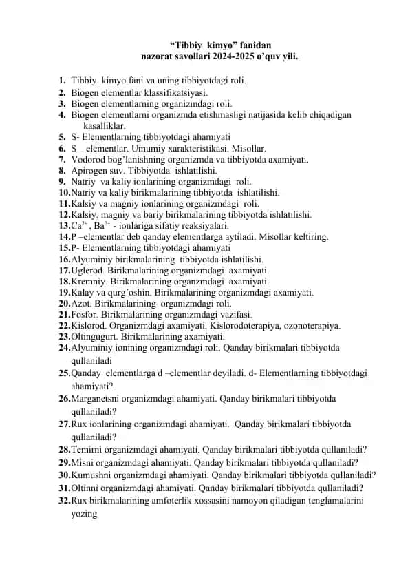 Tibbiy kimyo fanidan nazorat savollari 2024-2025 o’quv yili