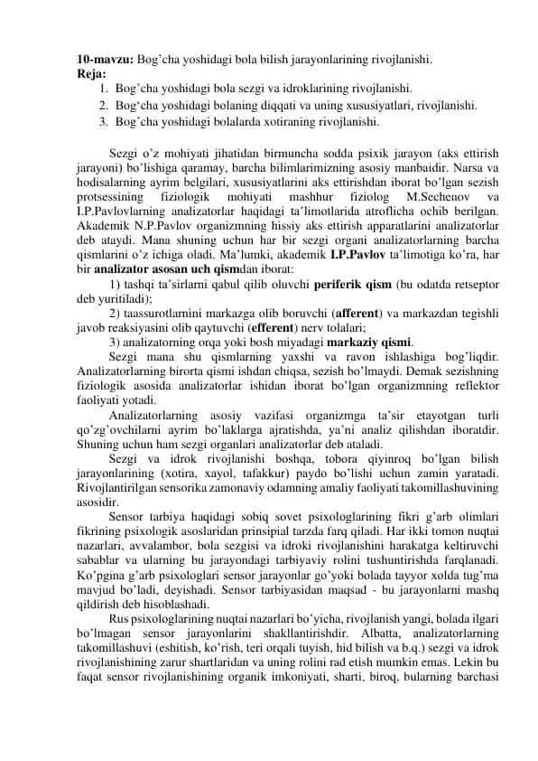 Bog’cha yoshidagi bola sezgi va idroklarining rivojlanishi
