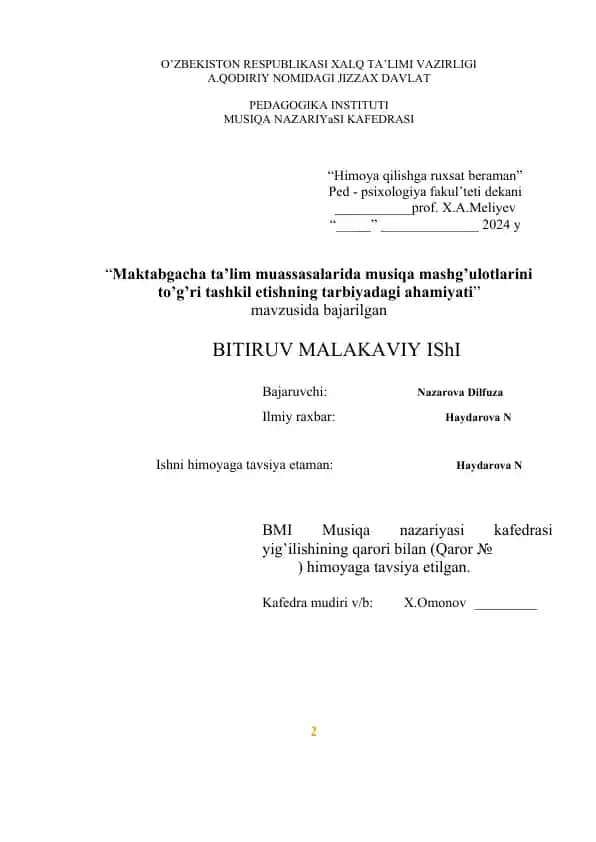 "Maktabgacha ta’lim muassasalarida musiqa mashg’ulotlarini to’g’ri tashkil etishning tarbiyadagi ahamiyati"