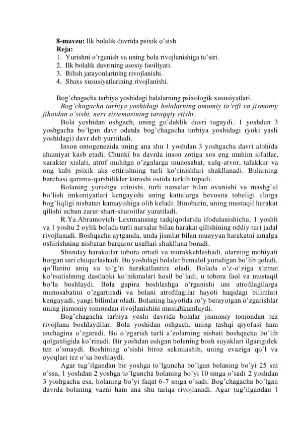 Ilk bolalik davrida psixik o’sish