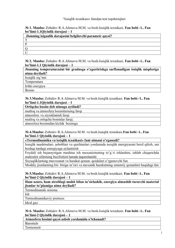 Issiqlik texnikasi fanidan test topshiriqlari