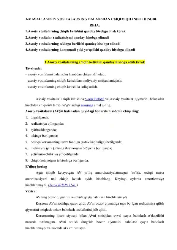 Asosiy Vositalarning Balansdan Chiqim Qilinishi Hisobi
