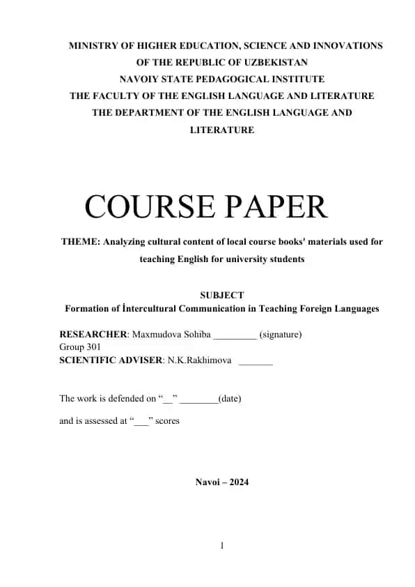 Course paper on Analyzing cultural content of local course books used for teaching English for university students